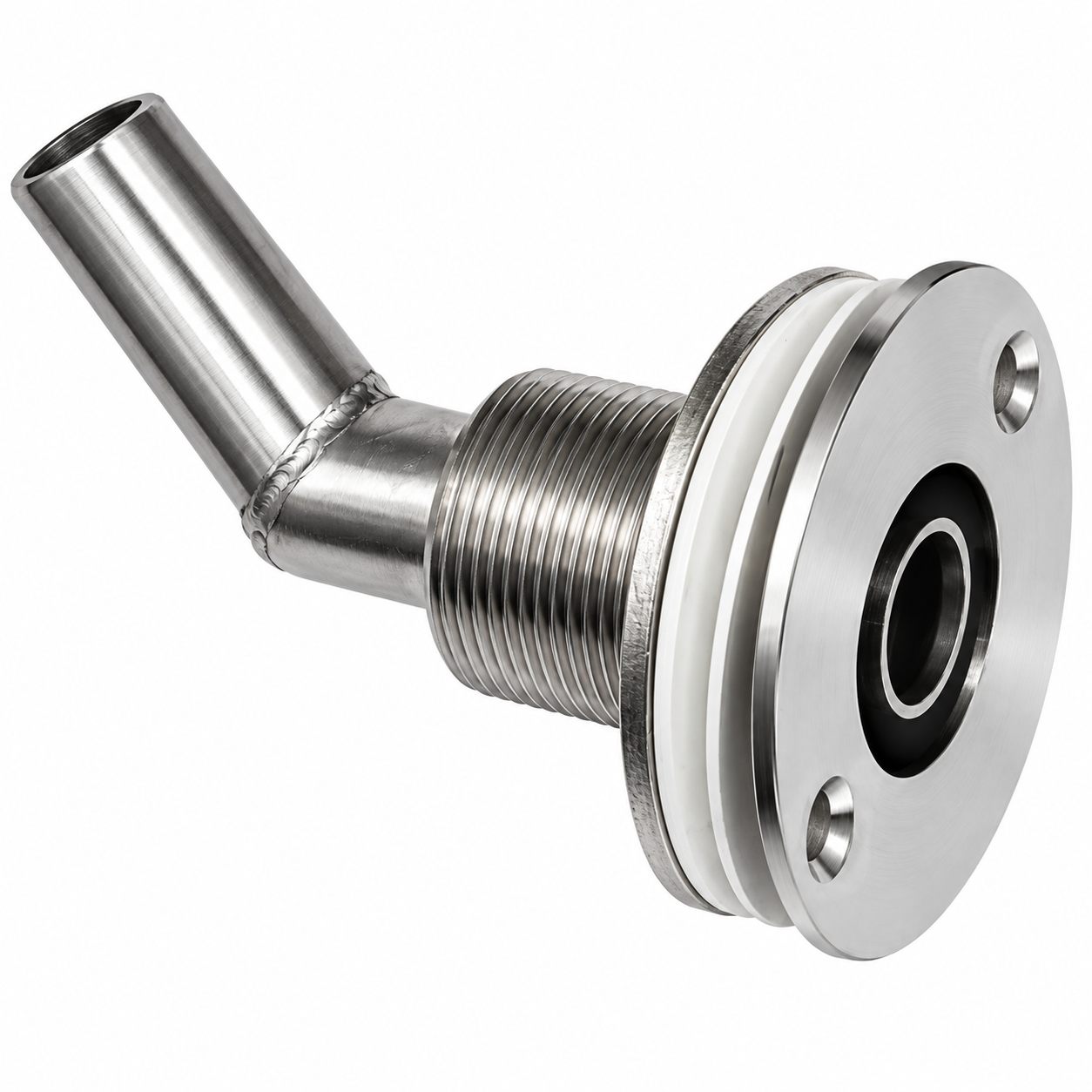 Stainless Steel Thru Hull Fitting, 22 mm, 90° Base, Angled Connector, Boltless