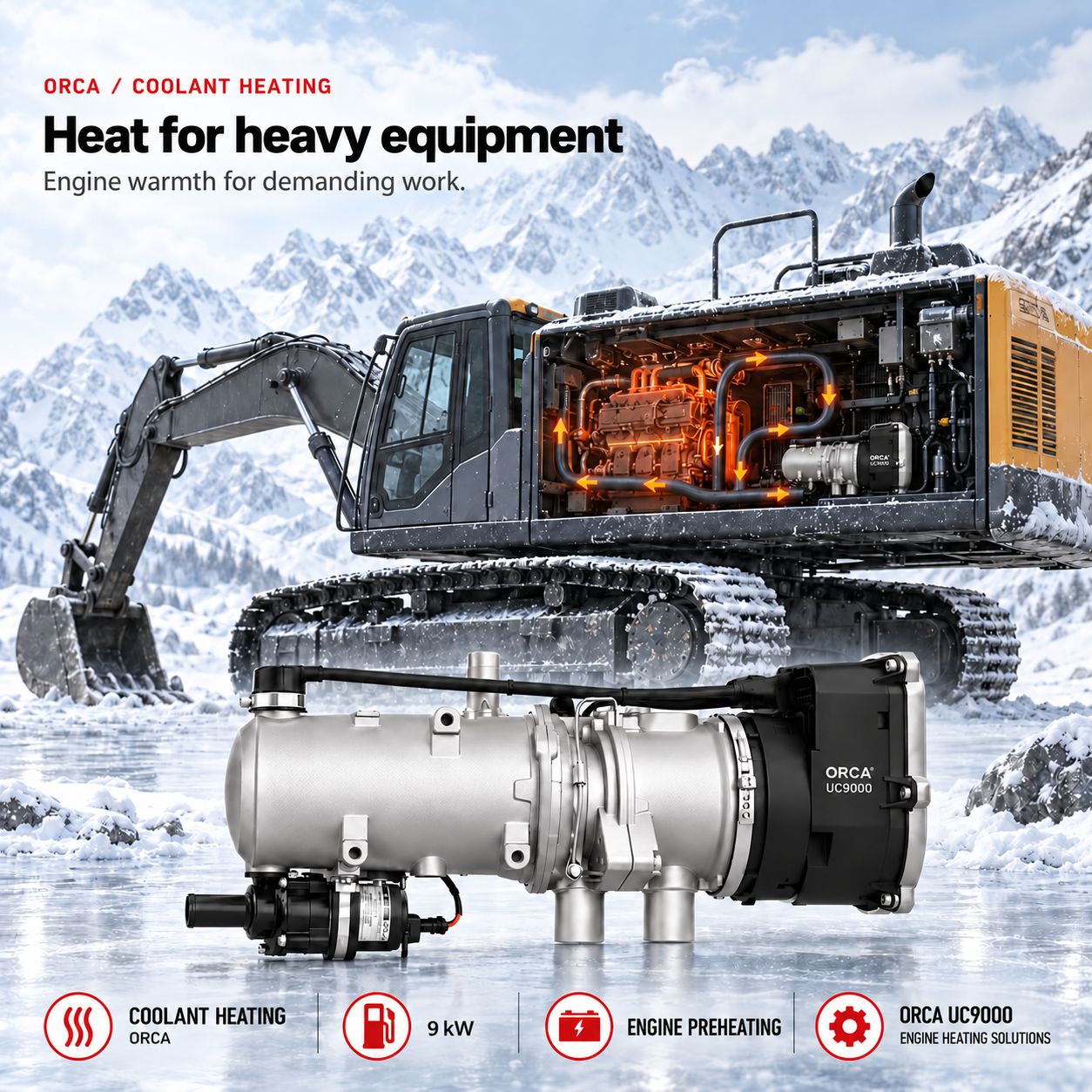 Excavator cutaway illustrating engine coolant heating with an ORCA system