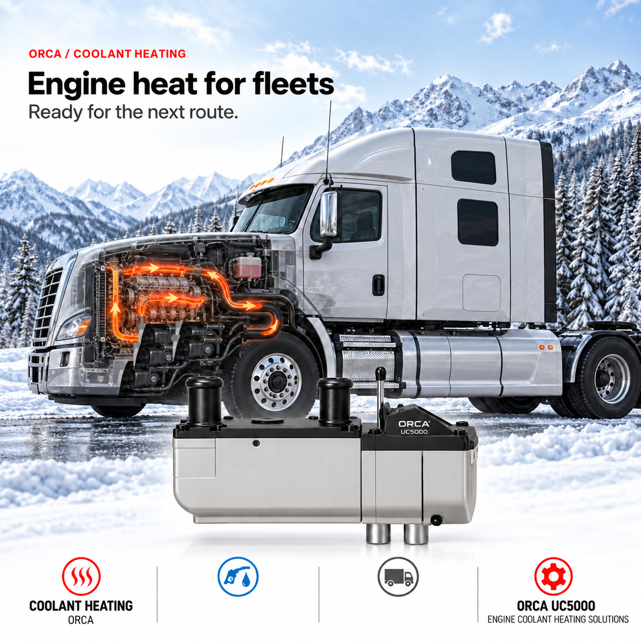 Commercial truck cutaway illustrating an engine coolant heating circuit with an ORCA system