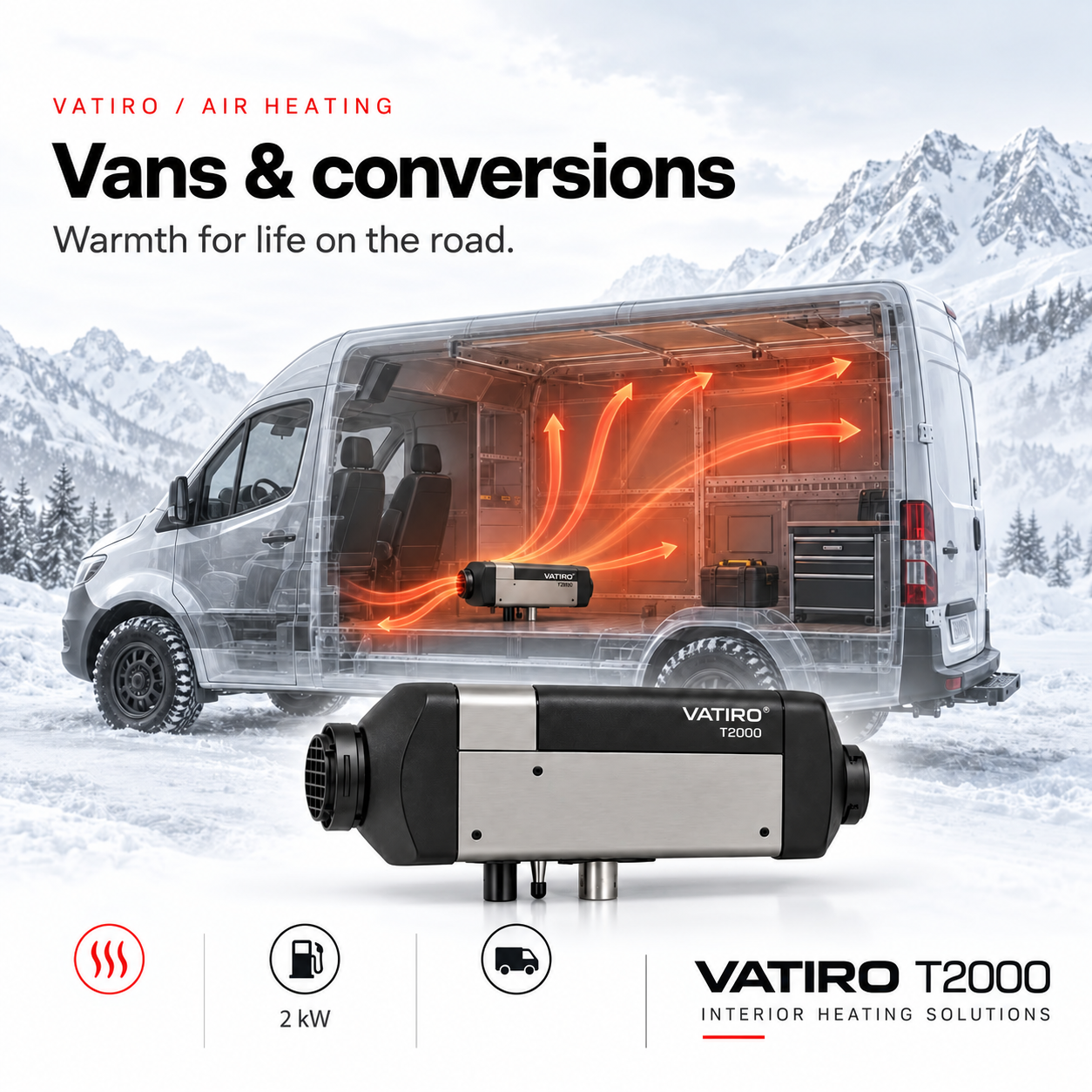 Van cutaway illustrating warm air circulating through the interior with a VATIRO heater